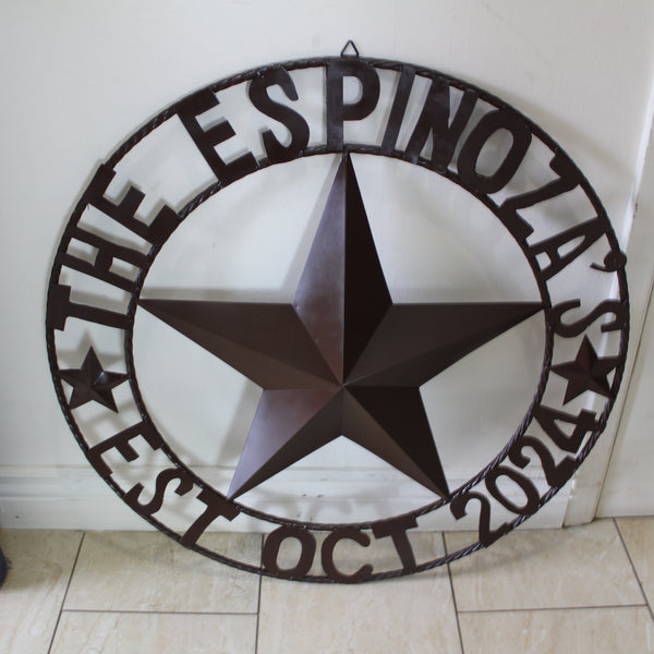 THE ESPINOZA STAR STYLE YOUR CUSTOM FAMILY NAME STAR METAL BARN STAR TWISTED ROPE RING WESTERN HOME DECOR RUSTIC BROWN HANDMADE 24",32",36",40",50"