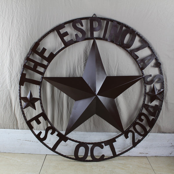 THE ESPINOZA STAR STYLE YOUR CUSTOM FAMILY NAME STAR METAL BARN STAR TWISTED ROPE RING WESTERN HOME DECOR RUSTIC BROWN HANDMADE 24",32",36",40",50"