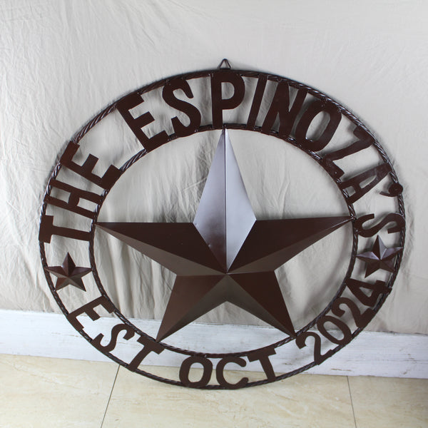 THE ESPINOZA STAR STYLE YOUR CUSTOM FAMILY NAME STAR METAL BARN STAR TWISTED ROPE RING WESTERN HOME DECOR RUSTIC BROWN HANDMADE 24",32",36",40",50"