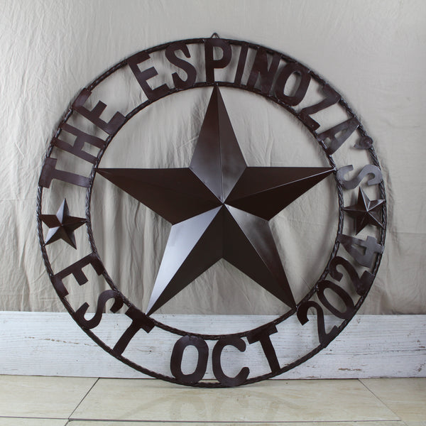 THE ESPINOZA STAR STYLE YOUR CUSTOM FAMILY NAME STAR METAL BARN STAR TWISTED ROPE RING WESTERN HOME DECOR RUSTIC BROWN HANDMADE 24",32",36",40",50"