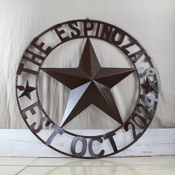 THE ESPINOZA STAR STYLE YOUR CUSTOM FAMILY NAME STAR METAL BARN STAR TWISTED ROPE RING WESTERN HOME DECOR RUSTIC BROWN HANDMADE 24",32",36",40",50"