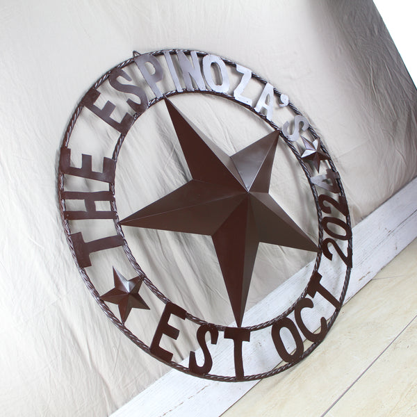 THE ESPINOZA STAR STYLE YOUR CUSTOM FAMILY NAME STAR METAL BARN STAR TWISTED ROPE RING WESTERN HOME DECOR RUSTIC BROWN HANDMADE 24",32",36",40",50"