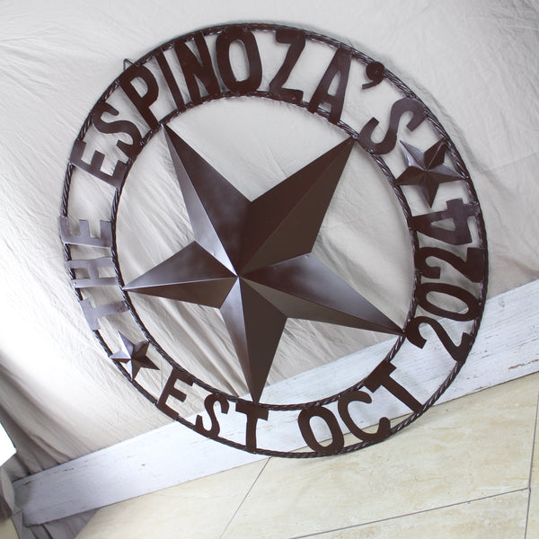 THE ESPINOZA STAR STYLE YOUR CUSTOM FAMILY NAME STAR METAL BARN STAR TWISTED ROPE RING WESTERN HOME DECOR RUSTIC BROWN HANDMADE 24",32",36",40",50"