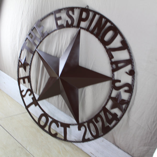 THE ESPINOZA STAR STYLE YOUR CUSTOM FAMILY NAME STAR METAL BARN STAR TWISTED ROPE RING WESTERN HOME DECOR RUSTIC BROWN HANDMADE 24",32",36",40",50"