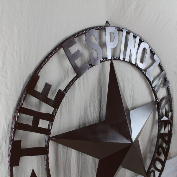 THE ESPINOZA STAR STYLE YOUR CUSTOM FAMILY NAME STAR METAL BARN STAR TWISTED ROPE RING WESTERN HOME DECOR RUSTIC BROWN HANDMADE 24",32",36",40",50"
