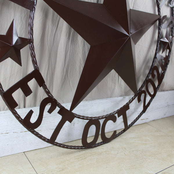 THE ESPINOZA STAR STYLE YOUR CUSTOM FAMILY NAME STAR METAL BARN STAR TWISTED ROPE RING WESTERN HOME DECOR RUSTIC BROWN HANDMADE 24",32",36",40",50"