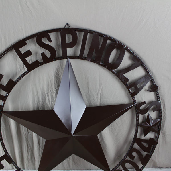 THE ESPINOZA STAR STYLE YOUR CUSTOM FAMILY NAME STAR METAL BARN STAR TWISTED ROPE RING WESTERN HOME DECOR RUSTIC BROWN HANDMADE 24",32",36",40",50"