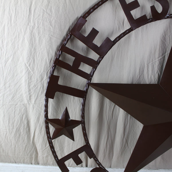 THE ESPINOZA STAR STYLE YOUR CUSTOM FAMILY NAME STAR METAL BARN STAR TWISTED ROPE RING WESTERN HOME DECOR RUSTIC BROWN HANDMADE 24",32",36",40",50"