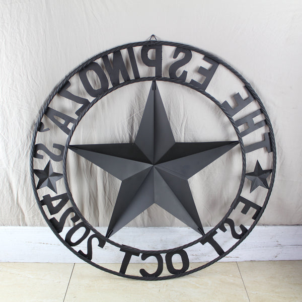 THE ESPINOZA STAR STYLE YOUR CUSTOM FAMILY NAME STAR METAL BARN STAR TWISTED ROPE RING WESTERN HOME DECOR RUSTIC BROWN HANDMADE 24",32",36",40",50"