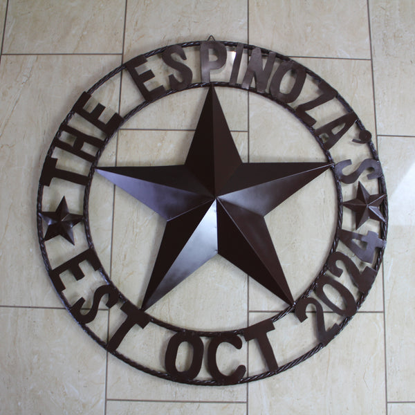 THE ESPINOZA STAR STYLE YOUR CUSTOM FAMILY NAME STAR METAL BARN STAR TWISTED ROPE RING WESTERN HOME DECOR RUSTIC BROWN HANDMADE 24",32",36",40",50"