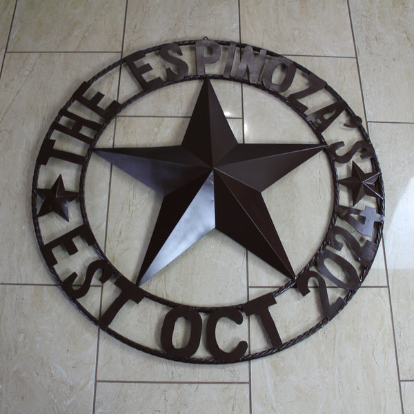 THE ESPINOZA STAR STYLE YOUR CUSTOM FAMILY NAME STAR METAL BARN STAR TWISTED ROPE RING WESTERN HOME DECOR RUSTIC BROWN HANDMADE 24",32",36",40",50"
