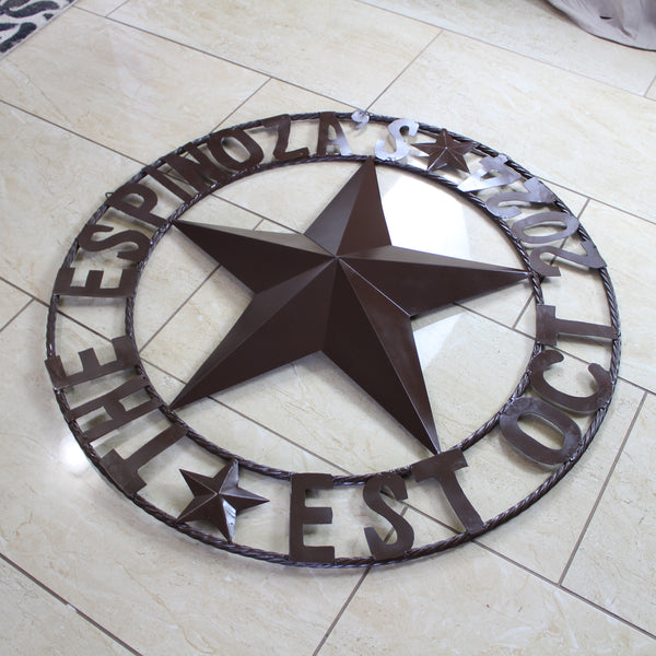 THE ESPINOZA STAR STYLE YOUR CUSTOM FAMILY NAME STAR METAL BARN STAR TWISTED ROPE RING WESTERN HOME DECOR RUSTIC BROWN HANDMADE 24",32",36",40",50"