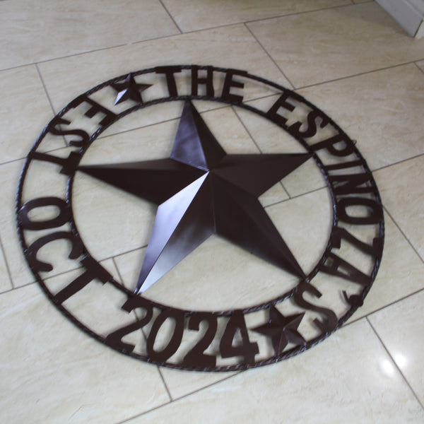 THE ESPINOZA STAR STYLE YOUR CUSTOM FAMILY NAME STAR METAL BARN STAR TWISTED ROPE RING WESTERN HOME DECOR RUSTIC BROWN HANDMADE 24",32",36",40",50"