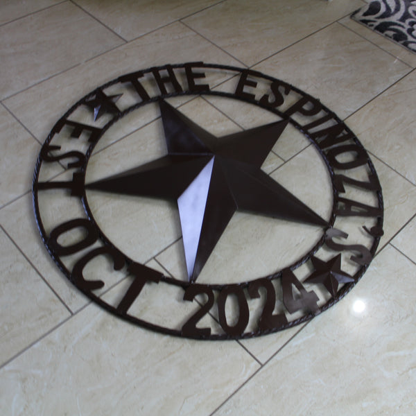 THE ESPINOZA STAR STYLE YOUR CUSTOM FAMILY NAME STAR METAL BARN STAR TWISTED ROPE RING WESTERN HOME DECOR RUSTIC BROWN HANDMADE 24",32",36",40",50"