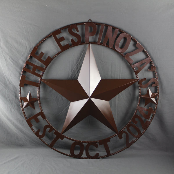 THE ESPINOZA STAR STYLE YOUR CUSTOM FAMILY NAME STAR METAL BARN STAR TWISTED ROPE RING WESTERN HOME DECOR RUSTIC BROWN HANDMADE 24",32",36",40",50"