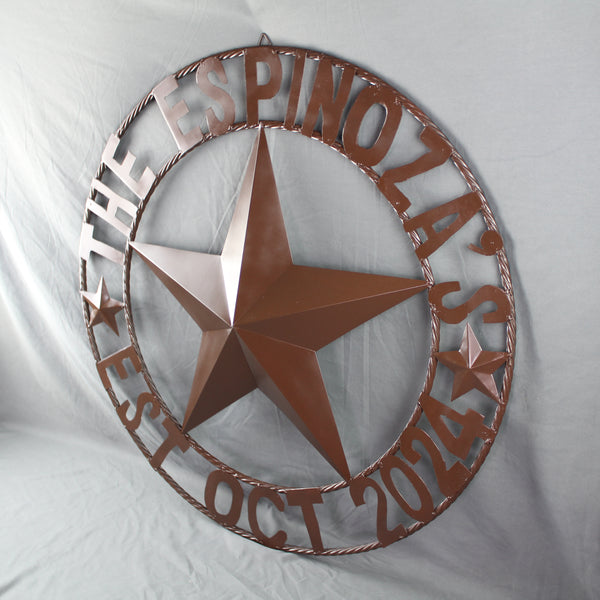 THE ESPINOZA STAR STYLE YOUR CUSTOM FAMILY NAME STAR METAL BARN STAR TWISTED ROPE RING WESTERN HOME DECOR RUSTIC BROWN HANDMADE 24",32",36",40",50"