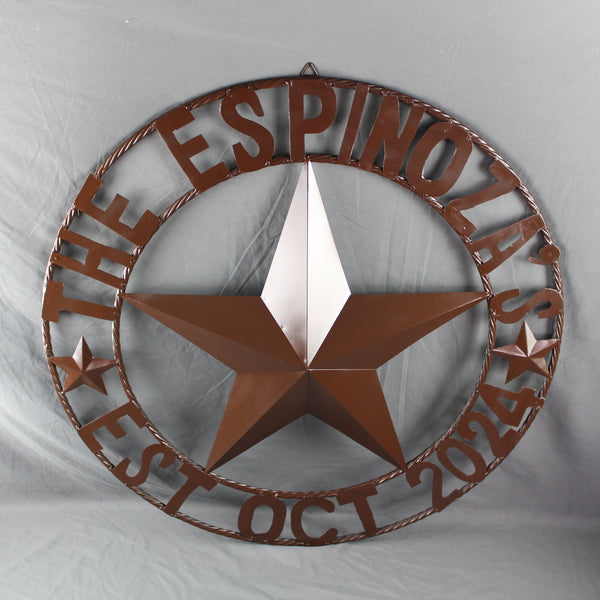 THE ESPINOZA STAR STYLE YOUR CUSTOM FAMILY NAME STAR METAL BARN STAR TWISTED ROPE RING WESTERN HOME DECOR RUSTIC BROWN HANDMADE 24",32",36",40",50"