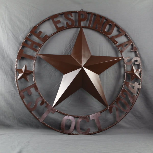 THE ESPINOZA STAR STYLE YOUR CUSTOM FAMILY NAME STAR METAL BARN STAR TWISTED ROPE RING WESTERN HOME DECOR RUSTIC BROWN HANDMADE 24",32",36",40",50"