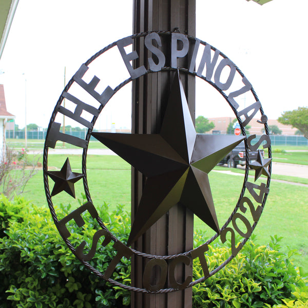 THE ESPINOZA STAR STYLE YOUR CUSTOM FAMILY NAME STAR METAL BARN STAR TWISTED ROPE RING WESTERN HOME DECOR RUSTIC BROWN HANDMADE 24",32",36",40",50"
