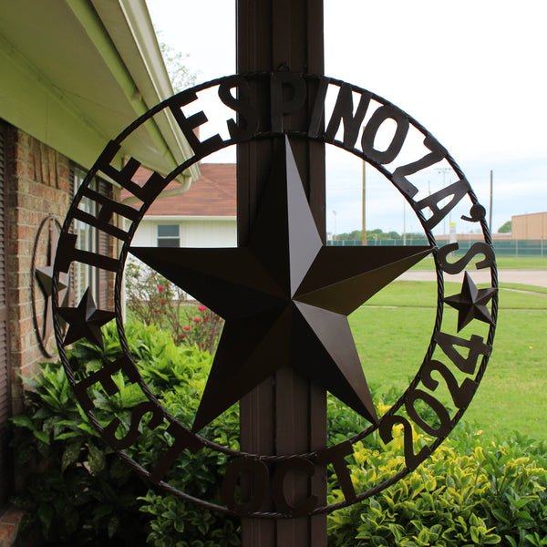 THE ESPINOZA STAR STYLE YOUR CUSTOM FAMILY NAME STAR METAL BARN STAR TWISTED ROPE RING WESTERN HOME DECOR RUSTIC BROWN HANDMADE 24",32",36",40",50"