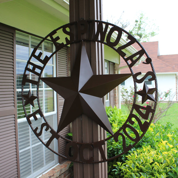 THE ESPINOZA STAR STYLE YOUR CUSTOM FAMILY NAME STAR METAL BARN STAR TWISTED ROPE RING WESTERN HOME DECOR RUSTIC BROWN HANDMADE 24",32",36",40",50"