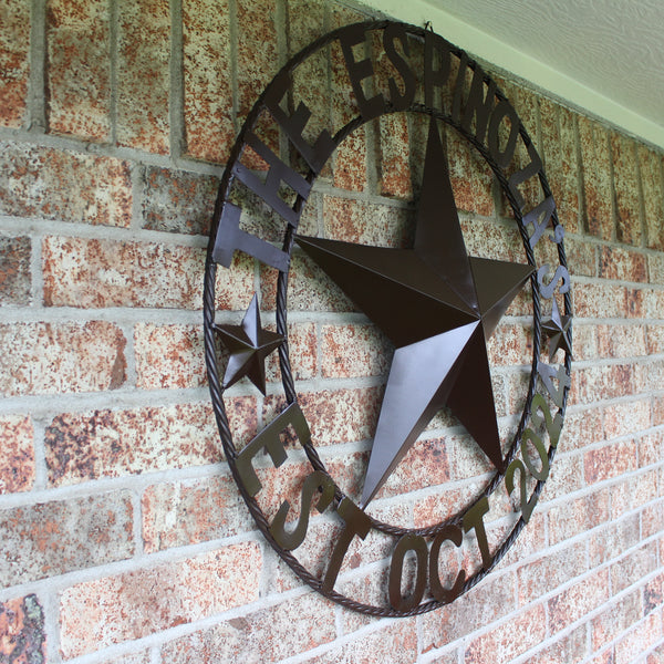 THE ESPINOZA STAR STYLE YOUR CUSTOM FAMILY NAME STAR METAL BARN STAR TWISTED ROPE RING WESTERN HOME DECOR RUSTIC BROWN HANDMADE 24",32",36",40",50"