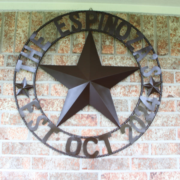 THE ESPINOZA STAR STYLE YOUR CUSTOM FAMILY NAME STAR METAL BARN STAR TWISTED ROPE RING WESTERN HOME DECOR RUSTIC BROWN HANDMADE 24",32",36",40",50"