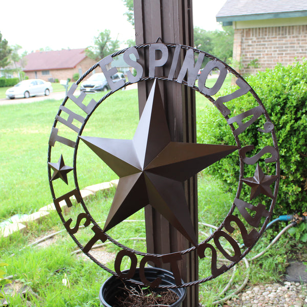 THE ESPINOZA STAR STYLE YOUR CUSTOM FAMILY NAME STAR METAL BARN STAR TWISTED ROPE RING WESTERN HOME DECOR RUSTIC BROWN HANDMADE 24",32",36",40",50"