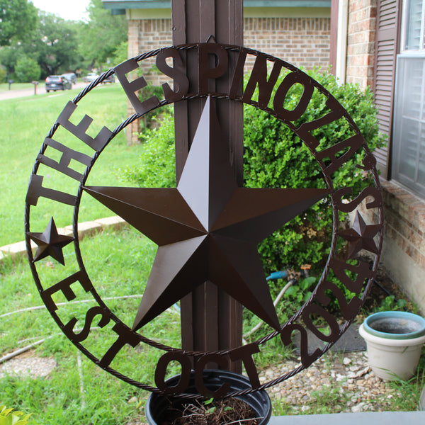 THE ESPINOZA STAR STYLE YOUR CUSTOM FAMILY NAME STAR METAL BARN STAR TWISTED ROPE RING WESTERN HOME DECOR RUSTIC BROWN HANDMADE 24",32",36",40",50"