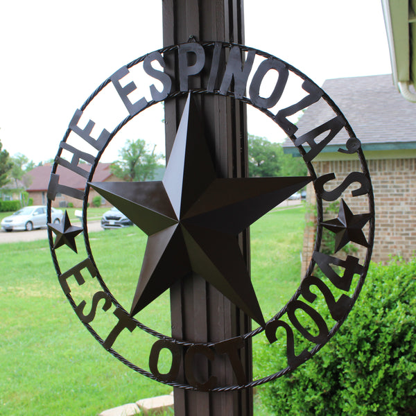THE ESPINOZA STAR STYLE YOUR CUSTOM FAMILY NAME STAR METAL BARN STAR TWISTED ROPE RING WESTERN HOME DECOR RUSTIC BROWN HANDMADE 24",32",36",40",50"
