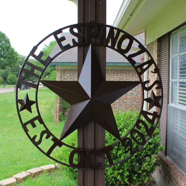 THE ESPINOZA STAR STYLE YOUR CUSTOM FAMILY NAME STAR METAL BARN STAR TWISTED ROPE RING WESTERN HOME DECOR RUSTIC BROWN HANDMADE 24",32",36",40",50"