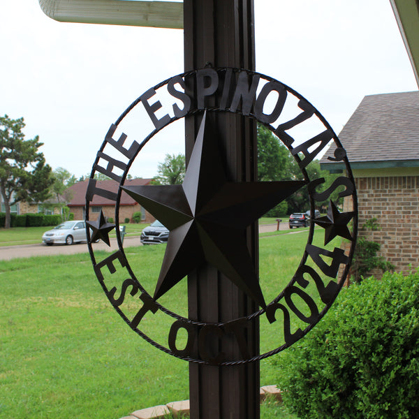 THE ESPINOZA STAR STYLE YOUR CUSTOM FAMILY NAME STAR METAL BARN STAR TWISTED ROPE RING WESTERN HOME DECOR RUSTIC BROWN HANDMADE 24",32",36",40",50"