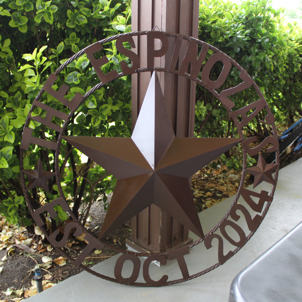 THE ESPINOZA STAR STYLE YOUR CUSTOM FAMILY NAME STAR METAL BARN STAR TWISTED ROPE RING WESTERN HOME DECOR RUSTIC BROWN HANDMADE 24",32",36",40",50"