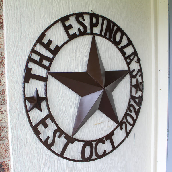 THE ESPINOZA STAR STYLE YOUR CUSTOM FAMILY NAME STAR METAL BARN STAR TWISTED ROPE RING WESTERN HOME DECOR RUSTIC BROWN HANDMADE 24",32",36",40",50"