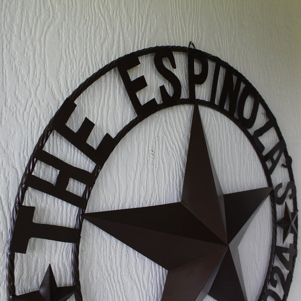 THE ESPINOZA STAR STYLE YOUR CUSTOM FAMILY NAME STAR METAL BARN STAR TWISTED ROPE RING WESTERN HOME DECOR RUSTIC BROWN HANDMADE 24",32",36",40",50"