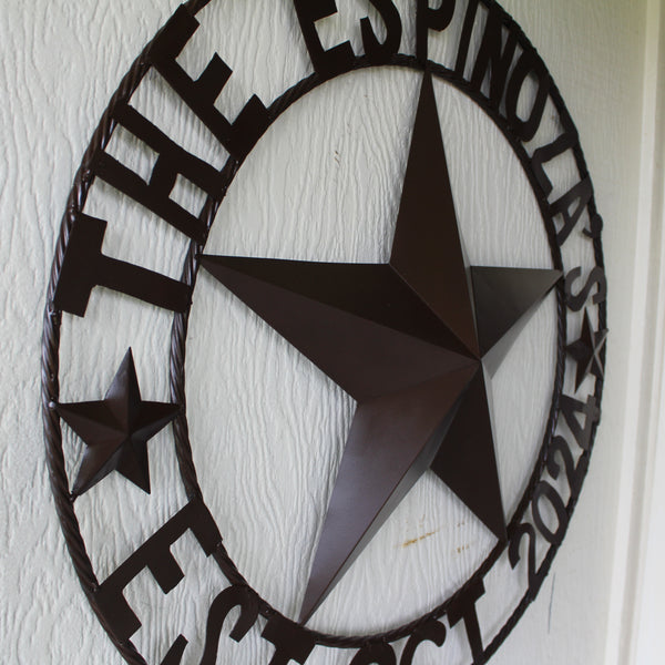 THE ESPINOZA STAR STYLE YOUR CUSTOM FAMILY NAME STAR METAL BARN STAR TWISTED ROPE RING WESTERN HOME DECOR RUSTIC BROWN HANDMADE 24",32",36",40",50"
