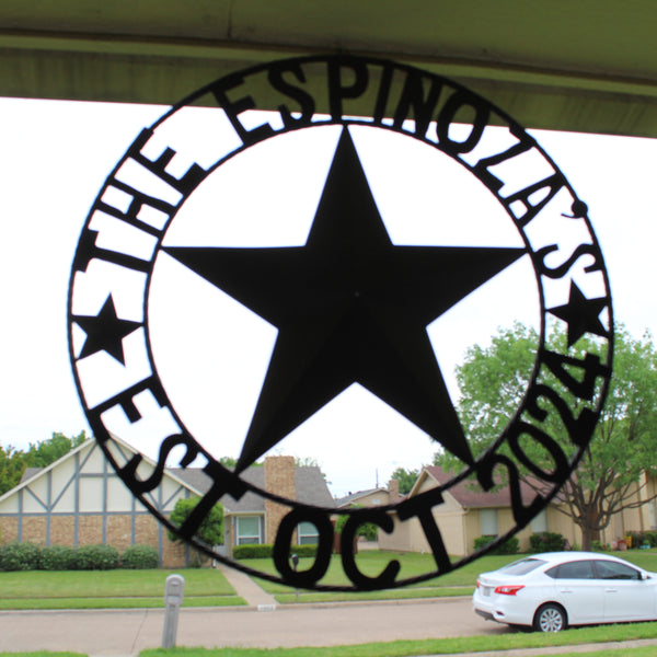 THE ESPINOZA STAR STYLE YOUR CUSTOM FAMILY NAME STAR METAL BARN STAR TWISTED ROPE RING WESTERN HOME DECOR RUSTIC BROWN HANDMADE 24",32",36",40",50"