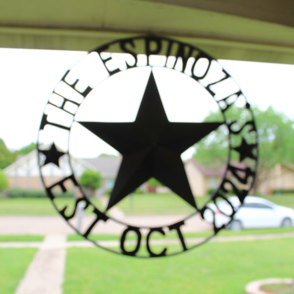 THE ESPINOZA STAR STYLE YOUR CUSTOM FAMILY NAME STAR METAL BARN STAR TWISTED ROPE RING WESTERN HOME DECOR RUSTIC BROWN HANDMADE 24",32",36",40",50"
