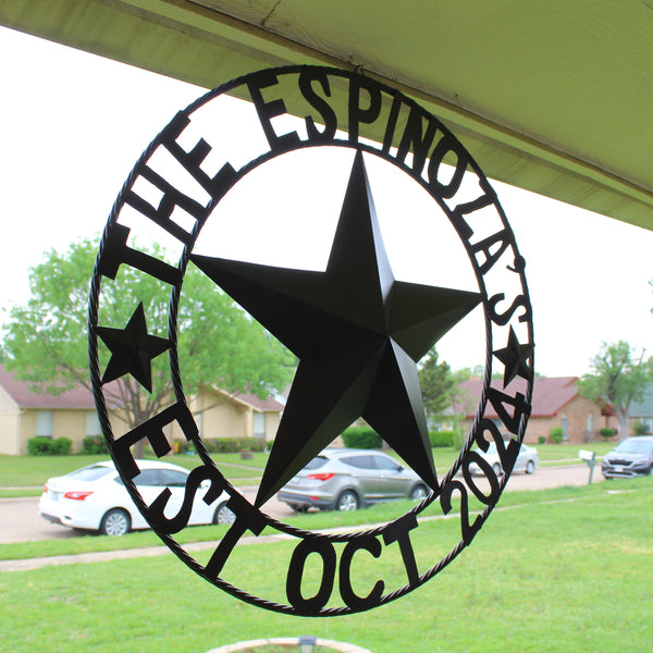 THE ESPINOZA STAR STYLE YOUR CUSTOM FAMILY NAME STAR METAL BARN STAR TWISTED ROPE RING WESTERN HOME DECOR RUSTIC BROWN HANDMADE 24",32",36",40",50"