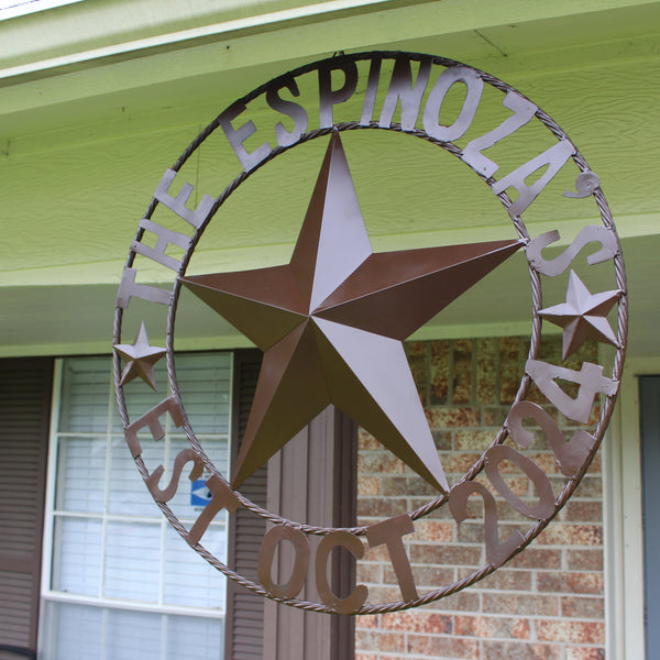 THE ESPINOZA STAR STYLE YOUR CUSTOM FAMILY NAME STAR METAL BARN STAR TWISTED ROPE RING WESTERN HOME DECOR RUSTIC BROWN HANDMADE 24",32",36",40",50"