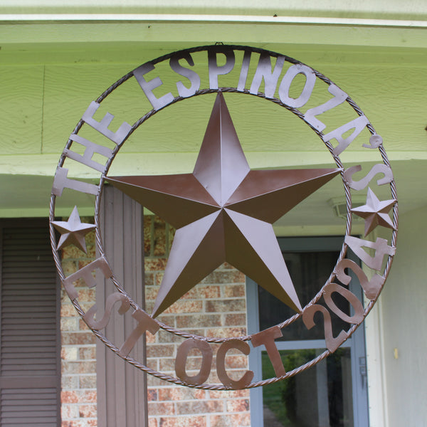 THE ESPINOZA STAR STYLE YOUR CUSTOM FAMILY NAME STAR METAL BARN STAR TWISTED ROPE RING WESTERN HOME DECOR RUSTIC BROWN HANDMADE 24",32",36",40",50"