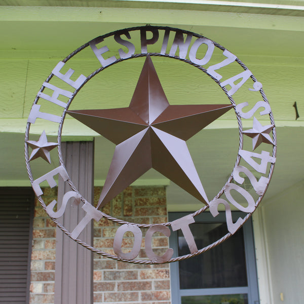 THE ESPINOZA STAR STYLE YOUR CUSTOM FAMILY NAME STAR METAL BARN STAR TWISTED ROPE RING WESTERN HOME DECOR RUSTIC BROWN HANDMADE 24",32",36",40",50"