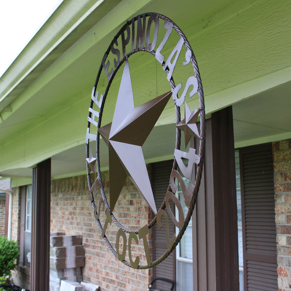 THE ESPINOZA STAR STYLE YOUR CUSTOM FAMILY NAME STAR METAL BARN STAR TWISTED ROPE RING WESTERN HOME DECOR RUSTIC BROWN HANDMADE 24",32",36",40",50"