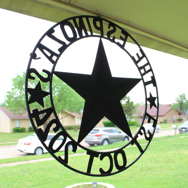 THE ESPINOZA STAR STYLE YOUR CUSTOM FAMILY NAME STAR METAL BARN STAR TWISTED ROPE RING WESTERN HOME DECOR RUSTIC BROWN HANDMADE 24",32",36",40",50"