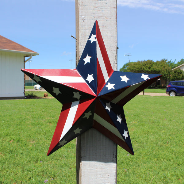 #EH11753 USA BARN STAR AMERICAN FLAG STAR RED WHITE & BLUE METAL STAR HANDMADE NEW 12",24",30"