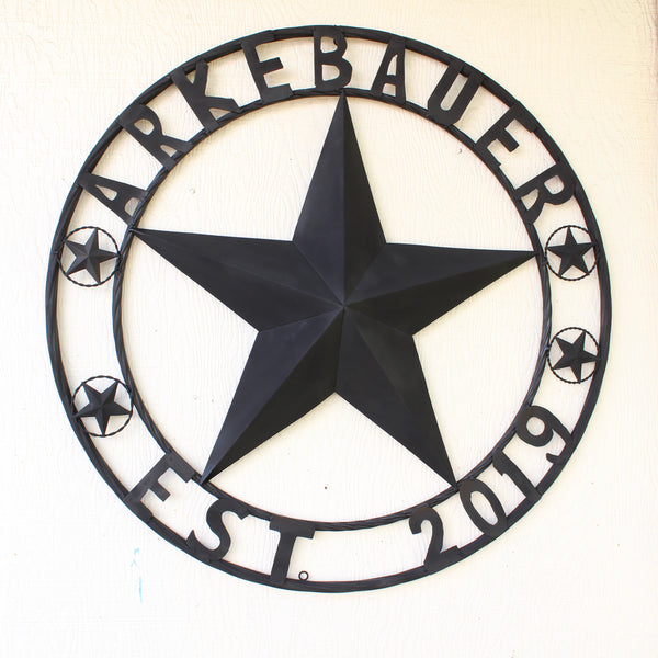 ARKEBAUER STAR STYLE YOUR CUSTOM FAMILY NAME STAR METAL BARN STAR TWISTED ROPE RING WESTERN HOME DECOR RUSTIC BLACK HANDMADE 24",32",36",40",50"