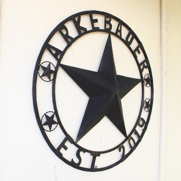 ARKEBAUER STAR STYLE YOUR CUSTOM FAMILY NAME STAR METAL BARN STAR TWISTED ROPE RING WESTERN HOME DECOR RUSTIC BLACK HANDMADE 24",32",36",40",50"