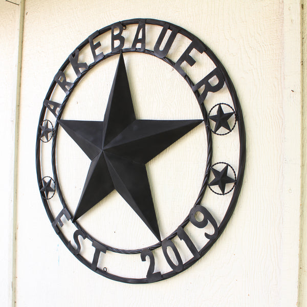 ARKEBAUER STAR STYLE YOUR CUSTOM FAMILY NAME STAR METAL BARN STAR TWISTED ROPE RING WESTERN HOME DECOR RUSTIC BLACK HANDMADE 24",32",36",40",50"