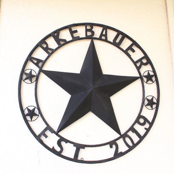 ARKEBAUER STAR STYLE YOUR CUSTOM FAMILY NAME STAR METAL BARN STAR TWISTED ROPE RING WESTERN HOME DECOR RUSTIC BLACK HANDMADE 24",32",36",40",50"