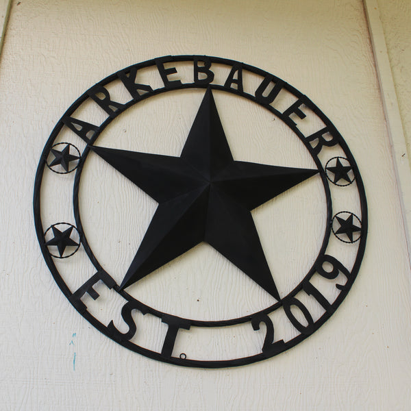 ARKEBAUER STAR STYLE YOUR CUSTOM FAMILY NAME STAR METAL BARN STAR TWISTED ROPE RING WESTERN HOME DECOR RUSTIC BLACK HANDMADE 24",32",36",40",50"